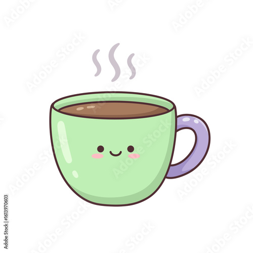 A cheerful, light-green mug of steaming hot cocoa or coffee, with a cute smiling face, sits against a white background.