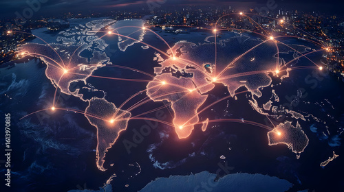 Global network interconnectedness.  World map showing international connections via glowing lines between major cities