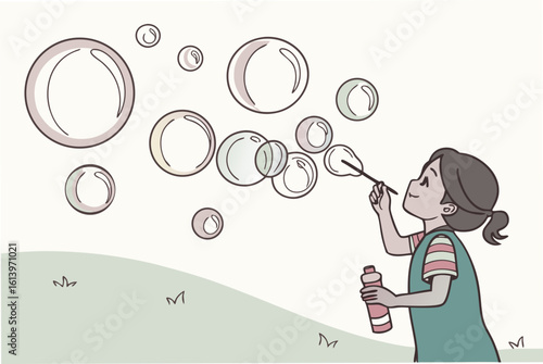 Young Girl Blowing Bubbles Outdoors.