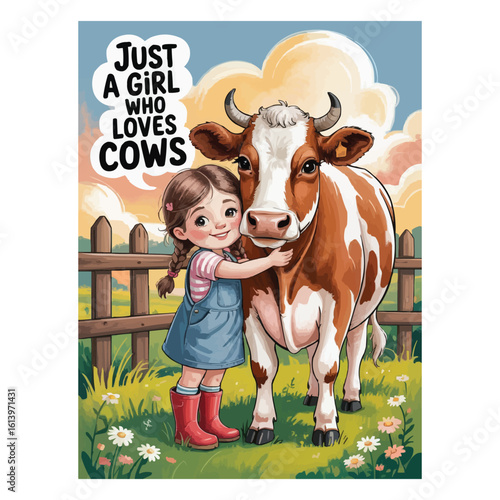 Happy Moo Cow with Grass – Children’s Book Illustration Style

