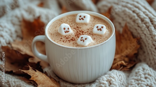 Warm Cozy Beverage With Marshmallow Ghosts Surrounded by Autumn Leaves and Kn...