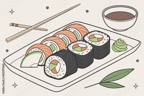 Delicious Salmon and Avocado Sushi Rolls.