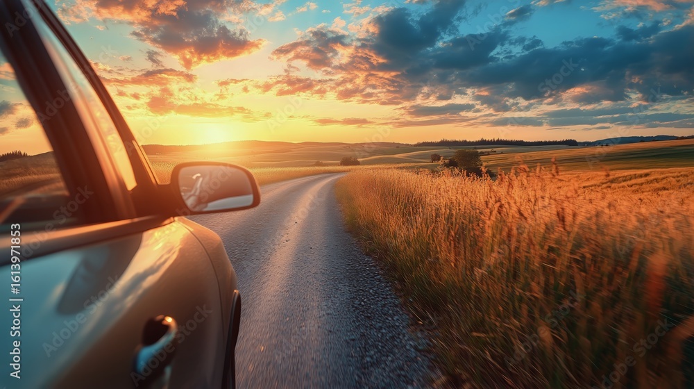 Sunset Drive Along a Winding Road Through Golden Fields and Vibrant Skies in the Countryside Sunset Drive Along a Winding Road Through Golden Fields and Vibrant Skies in the Countryside