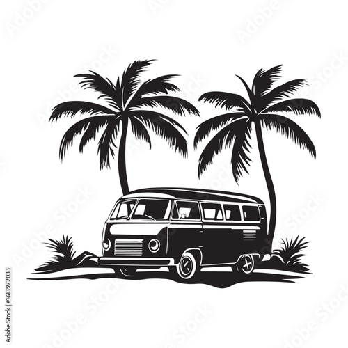 Silhouette of a vintage campervan on a tropical beach with palm trees and birds flying 