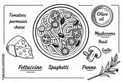 Hand-drawn Italian Pasta Ingredients and Dish.
