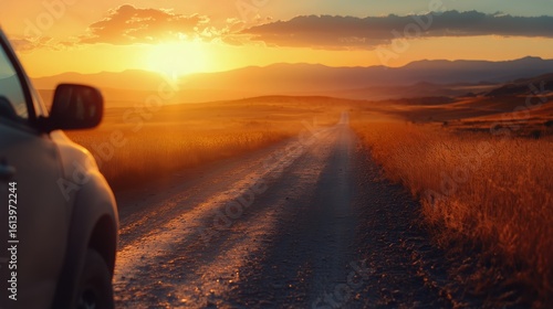 Sunset Drive on a Gravel Road With Dust Rising in the Air Near Mountains.
