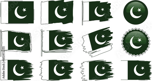 Various depictions of the flag of pakistan in different styles and shapes on a white background display