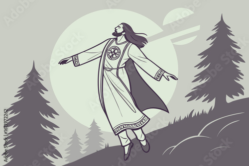 Man in flowing robes levitating in nature.
