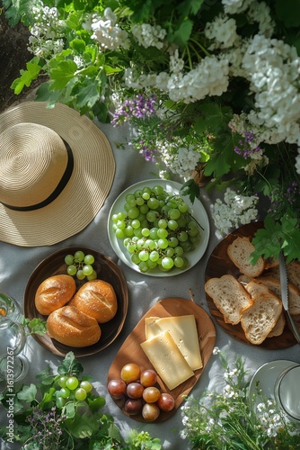 Enjoying a Summer Picnic With Fresh Fruits and Cheese in a Charming Outdoor S...