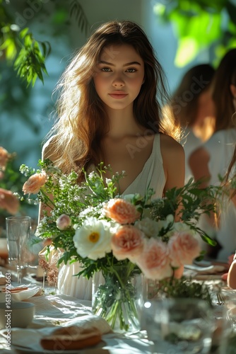 Young Woman Surrounded by Colorful Flowers in a Serene Garden During Golden H...