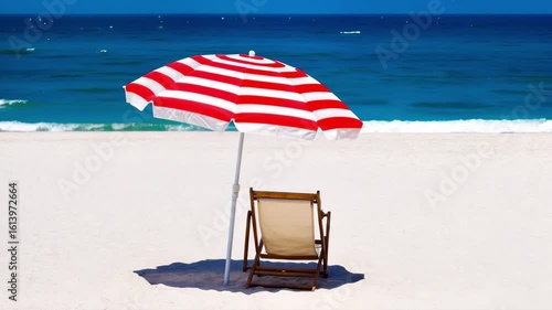 Beach Umbrella and Chair, Relaxation Spot, Summer Comfort, Leisure. Great for travel agencies, outdoor living, serene moments