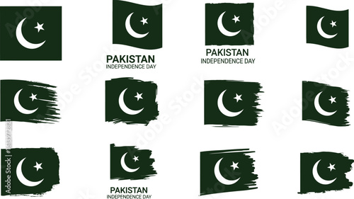 Twelve pakistan flags with crescent moon and star displayed in a grid on a white background