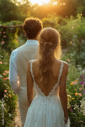 Couple Embraces Sunset in a Beautiful Garden During an Intimate Wedding Ceremony
