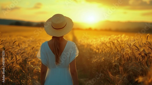 Young Woman Walks Through Golden Wheat Field at Sunset in Warm Light