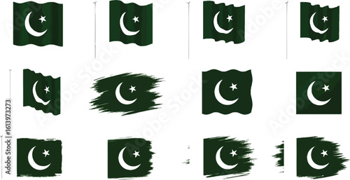 Collection of pakistan flags in various styles including waving and brush stroke designs on white background