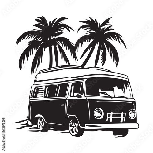 Silhouette of a vintage campervan on a tropical beach with palm trees and birds flying 