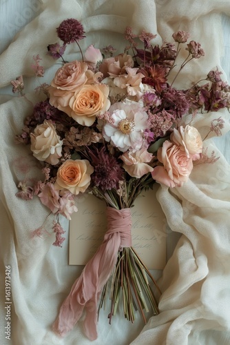 Beautiful Dried Flower Bouquet Arranged on Cream Fabric Background With a Sof...