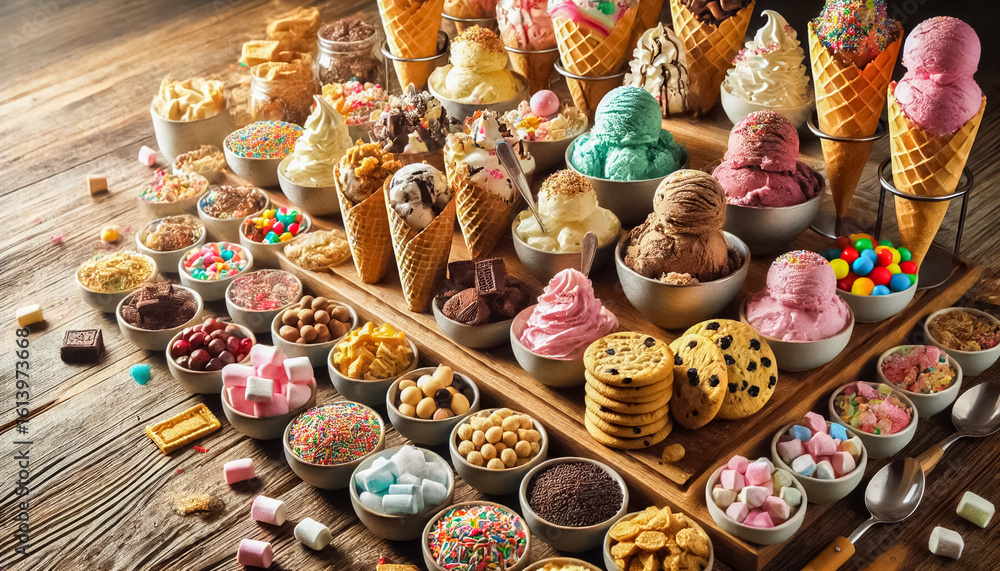 Obraz premium Colorful Dessert Station with Ice Cream and Cookie Toppings