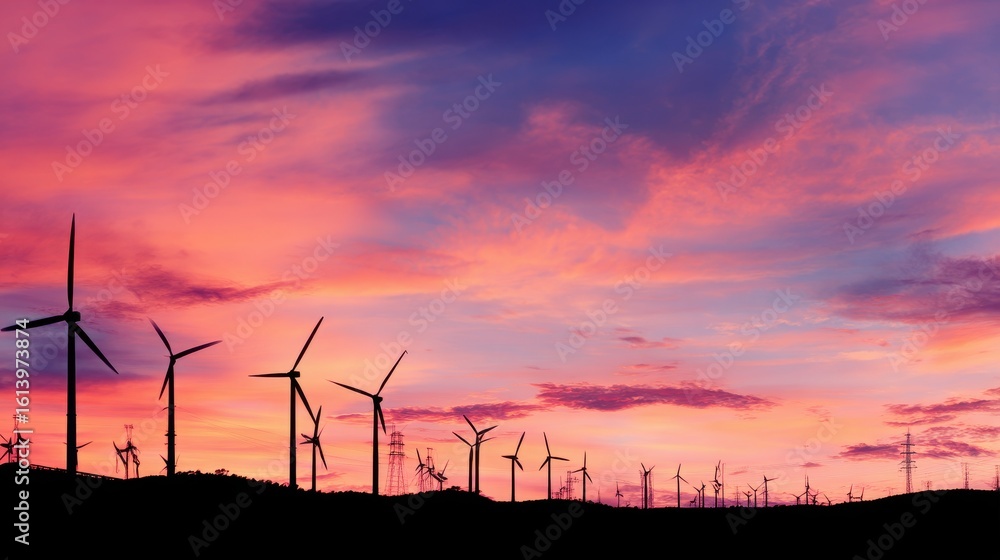 Obraz premium Wind turbines spinning against colorful sunset sky clouds