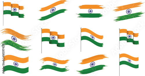 Collection of indian flag illustrations with various styles and presentations on a white background