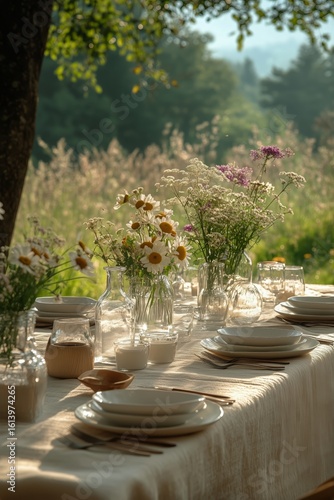 Elegant Outdoor Dining Setup With Floral Centerpieces During a Warm Summer Af...
