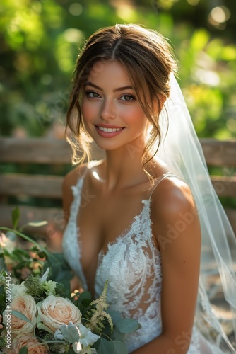 Portrait of a Young Woman With Flowers in a Sunny Outdoor Setting During Gold...