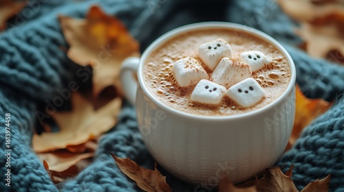 Creative Halloween Hot Drink With Marshmallow Ghosts and Autumn Leaves on Coz...