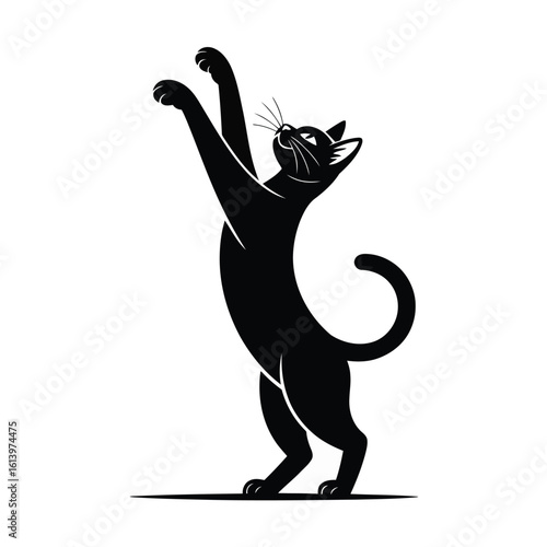 Vector illustration of a sleek black cat standing on its hind legs, reaching up with its paws