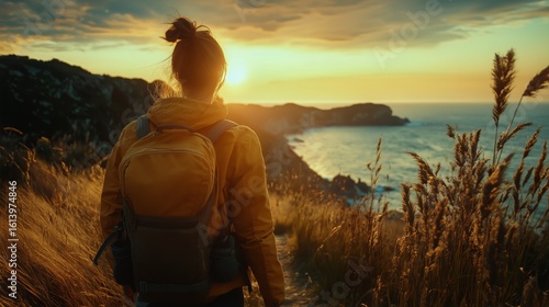 Breathtaking Sunset Over Seaside Cliffs as a Hiker Enjoys the View During Gol...