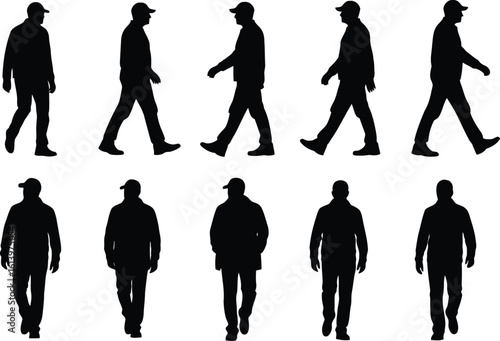Ten diverse male silhouettes: walking, standing, front, back views; casual attire; black and white; simple, clean style; neutral mood; stock photography.