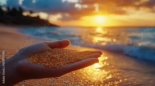Hand Holding Sand at Sunset on the Beach by the Ocean With Golden Sunlight Re...