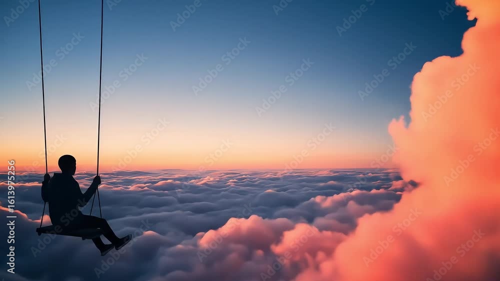 Dreamlike Silhouette of a Person on a Swing Above Fluffy Clouds at Sunset or Sunrise, Evoking Freedom and Imagination Dreamlike Silhouette of a Person on a Swing Above Fluffy Clouds at Sunset or Sunrise, Evoking Freedom and Imagination