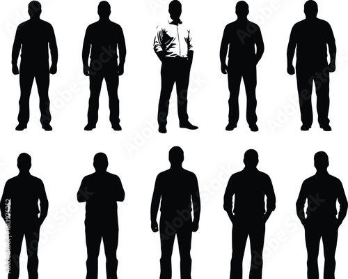 Ten diverse male silhouettes: casual, formal, and business attire; full-body, black and white, minimalist style; conveying professionalism and anonymity.