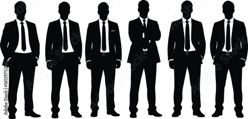 Silhouette of six confident businessmen in suits, standing in a row, powerful and professional business team concept.