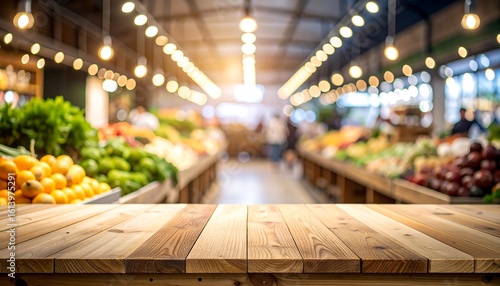 Rustic wooden table with blurred marketplace view