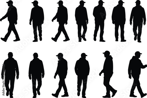 Silhouette Collection: Men Walking, Casual Style, Various Poses, Black and White, Vector Illustration