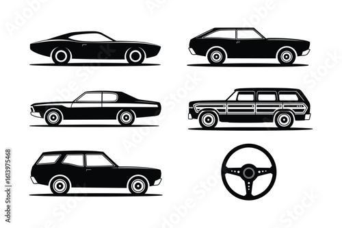 Vintage automobile silhouettes and steering wheel vehicle black