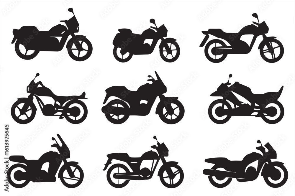 Obraz premium Black silhouette collection of different motorcycle styles on white background motorcycle icon