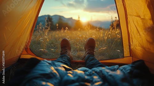 Camping at Sunset With a View of Mountains and Blooming Flowers in the Foregr...