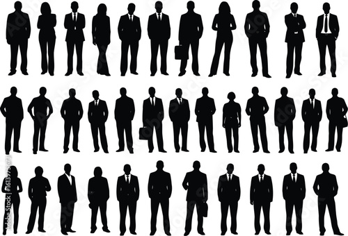 Diverse Group of Business Professionals: Silhouettes, Full-Length, Formal Attire, Corporate Success, Teamwork Concept.