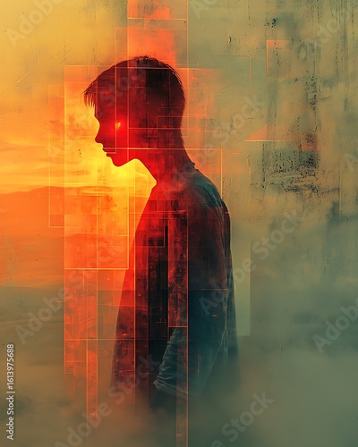 A silhouetted man stands amidst geometric shapes and orange light