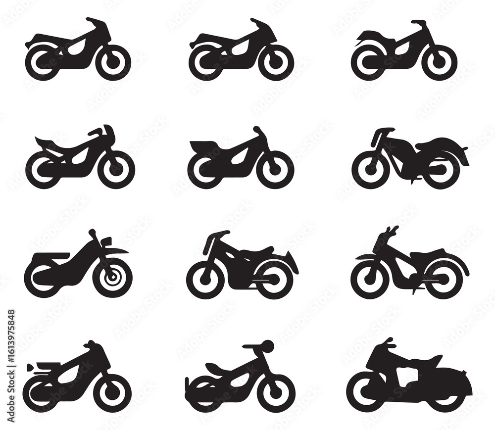 Naklejka premium Black silhouette icons depicting various motorcycle types arranged on a white background