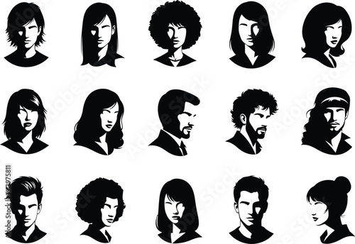 Collection of diverse stylized black and white headshots; minimalist profile and avatar icons for branding, website, and social media.