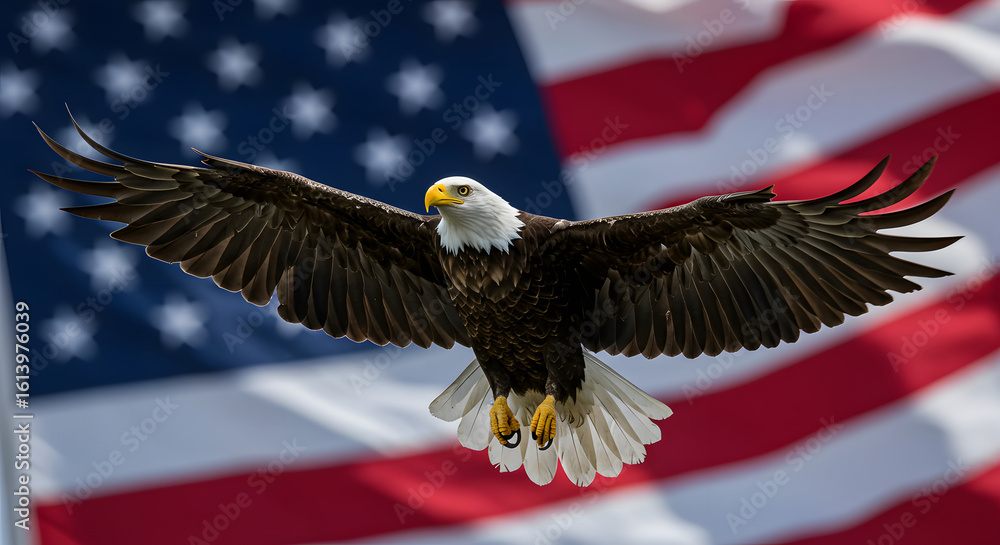 Naklejka premium Majestic Bald Eagle in Flight Against American Flag: Patriotism, Freedom, and Soaring Power.