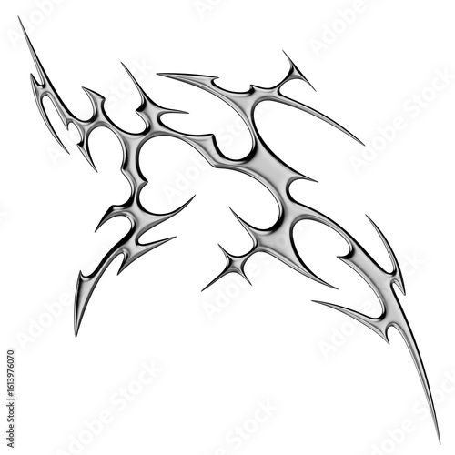 Chrome neo tribal tattoo. Succubus womb sigils and sharp cyber sigilism elements in liquid silver Y2K style