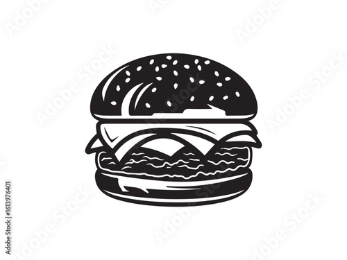 Black and White Illustration of a Cheeseburger with Sesame Seed Bun and Cheese