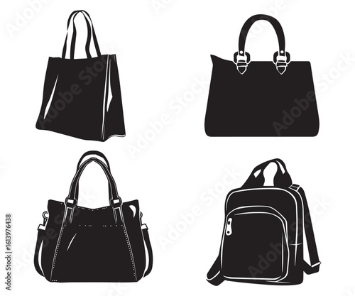 Black and White Illustration Featuring Various Styles of Handbags Including a Tote and Backpack
