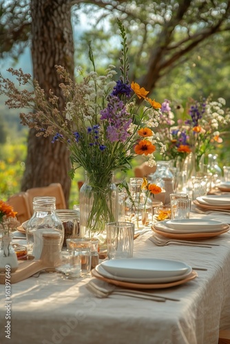 Elegant Outdoor Dining Setup With Colorful Flowers and Natural Light in a Ser...