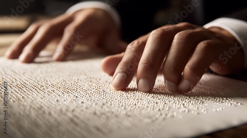 Wallpaper Mural Close up of fingers moving across a Braille printed document with soft lighting in an inclusive modern office background Torontodigital.ca