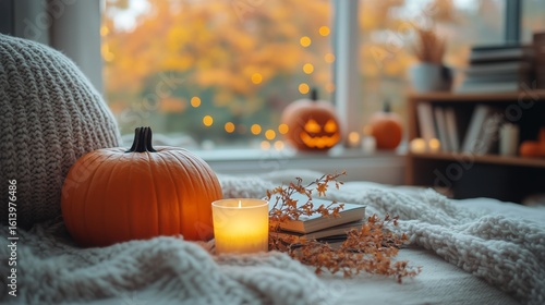 Cozy Autumn Decor Featuring Pumpkins, a Candle, and a Vase by the Window Duri...